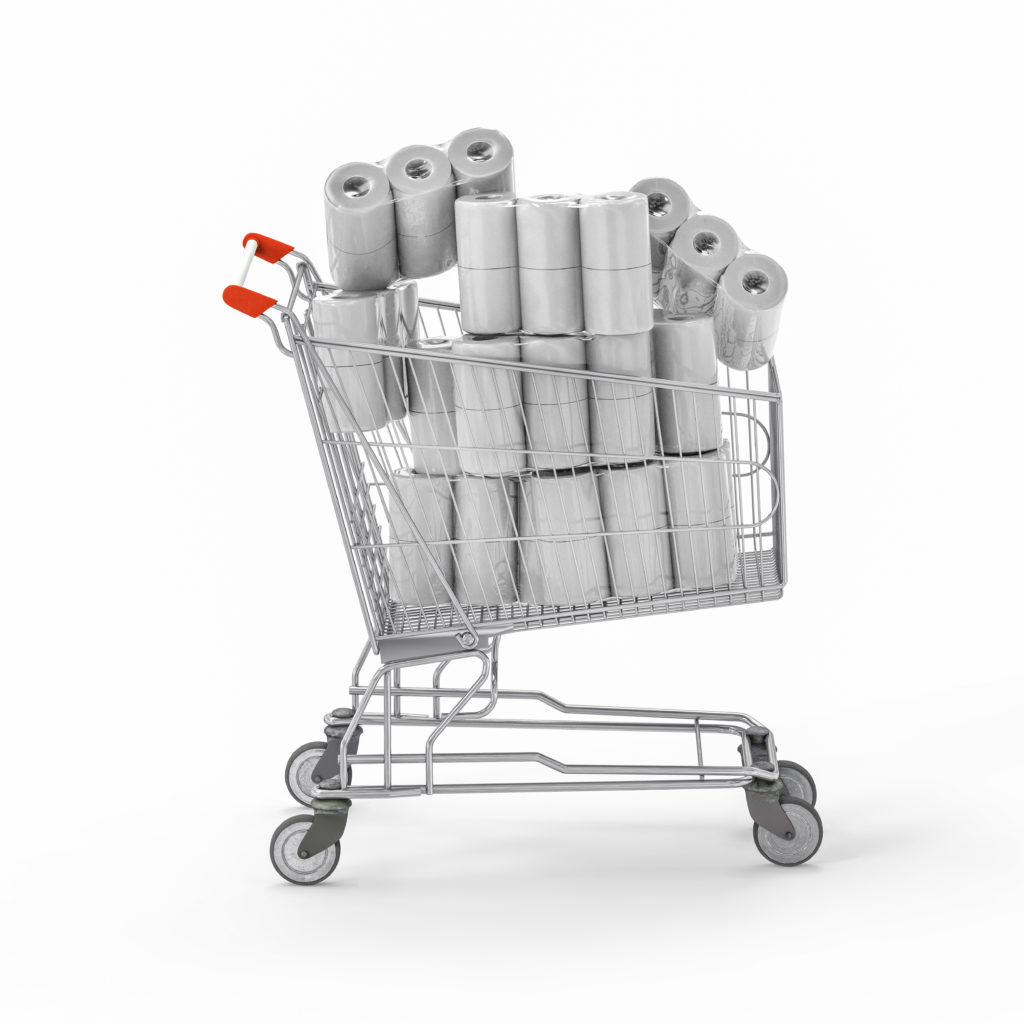 3d rendering shopping cart full with toilet paper packages